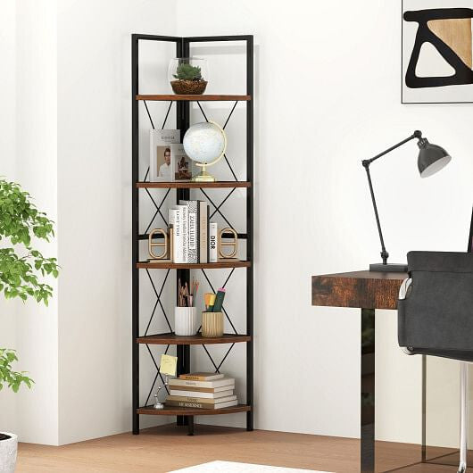 Corner Shelf 5-Tier Freestanding - 63 Inch Tall Storage Rack Oak