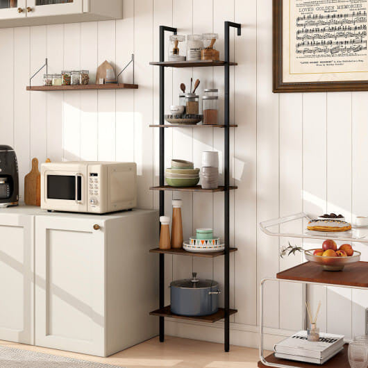 5 Tier Wall Mount Ladder Shelf with Anti-Tipping Kits for Home Office-Rustic Brown-1