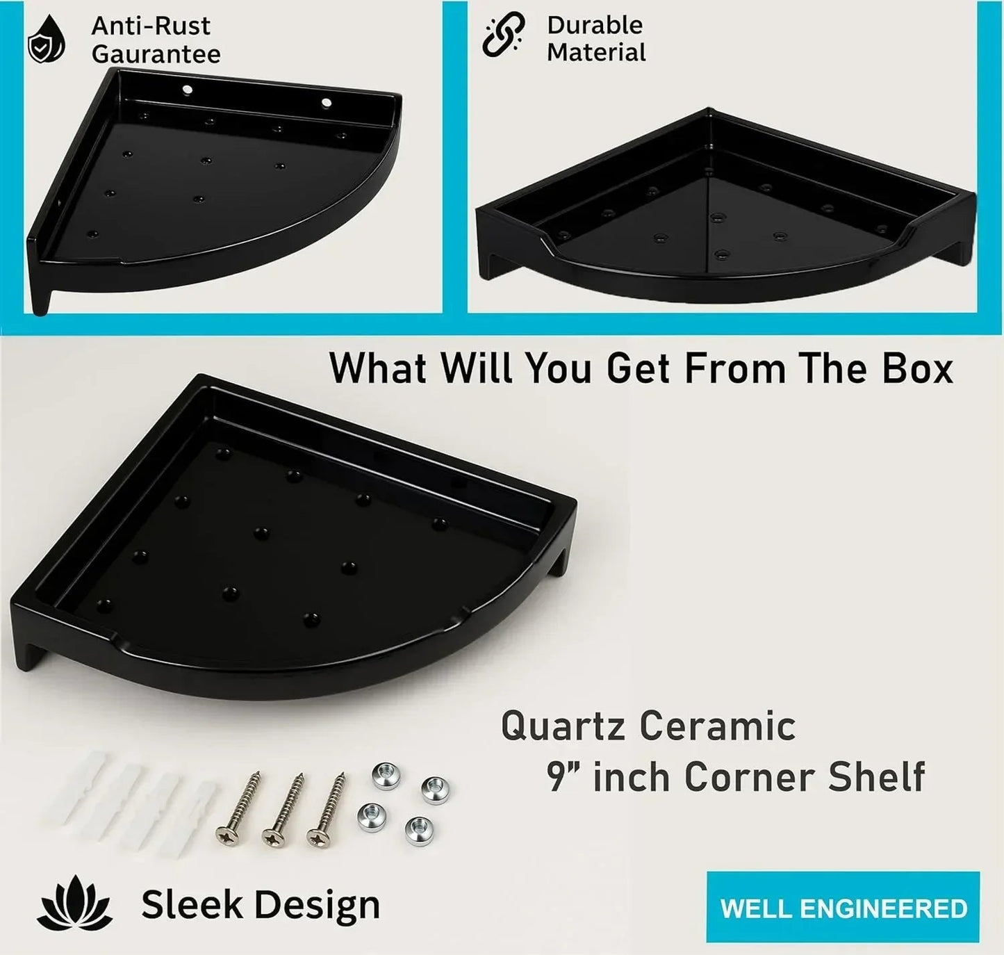 Black Corner Wall Shelf 9 inch Unbreakable Abs Ceramic Finish (RB-133)-2