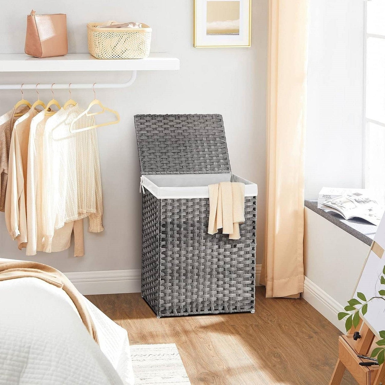 Grey Rattan Plastic Laundry Hamper Basket w/ Lid and Removable Cotton Liner Bag-1