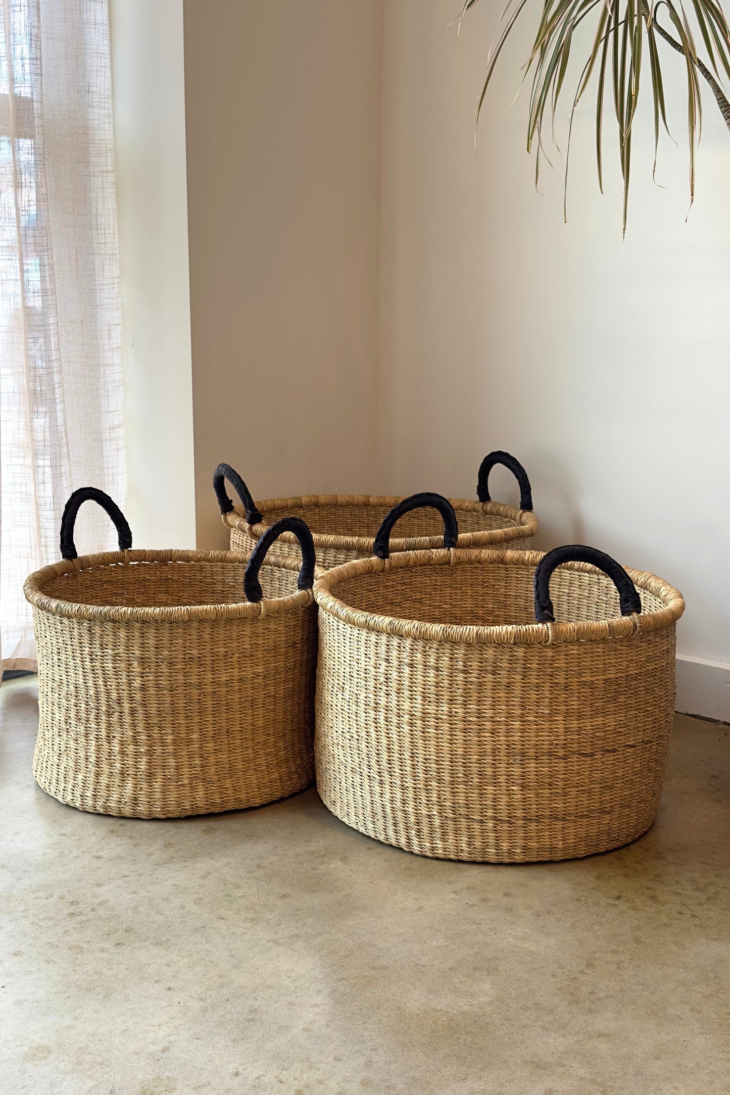 Woven Laundry Basket Elephant Grass Low Wide Set of 3