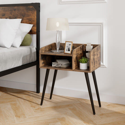 Mid Century Modern Nightstand  with Open Shelves-Brown-1
