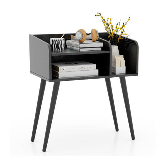 Mid Century Modern Nightstand  with Open Shelves-Brown-4