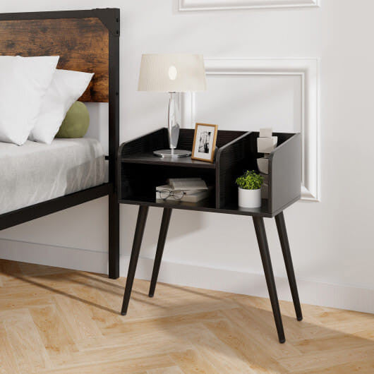 Mid Century Modern Nightstand  with Open Shelves-Brown-5
