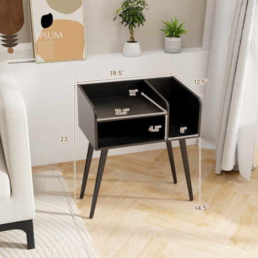 Mid Century Modern Nightstand  with Open Shelves-Brown-7