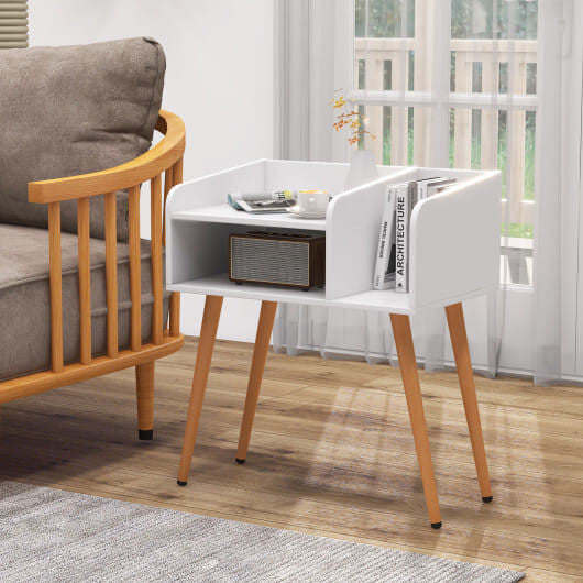 Mid Century Modern Nightstand  with Open Shelves-Brown-10