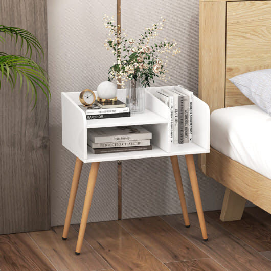 Mid Century Modern Nightstand  with Open Shelves-Brown-11