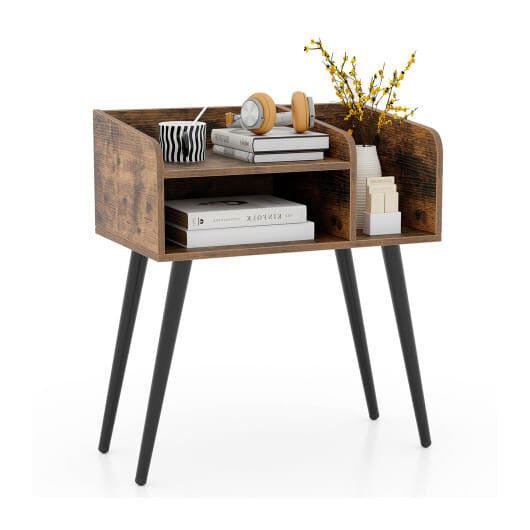 Mid Century Modern Nightstand  with Open Shelves-Brown-14