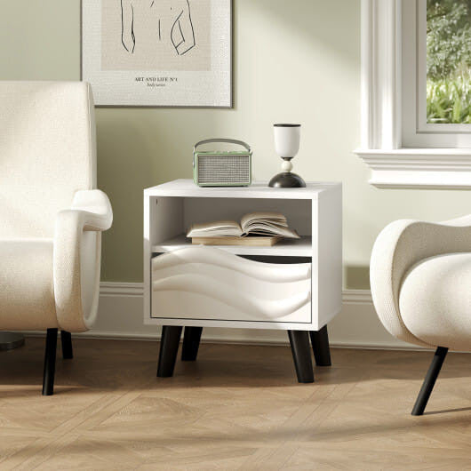 Nightstand Mid Century Modern Bedside Table with 3D Wavy Pattern and Open Shelf-White-0