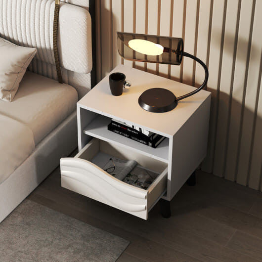 Nightstand Mid Century Modern Bedside Table with 3D Wavy Pattern and Open Shelf-White-1