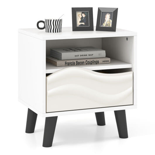 Nightstand Mid Century Modern Bedside Table with 3D Wavy Pattern and Open Shelf-White-2