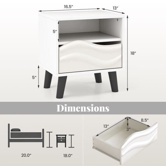 Nightstand Mid Century Modern Bedside Table with 3D Wavy Pattern and Open Shelf-White-3