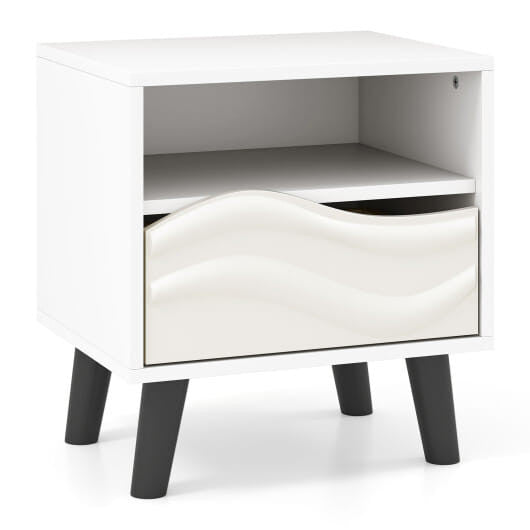 Nightstand Mid Century Modern Bedside Table with 3D Wavy Pattern and Open Shelf-White-4