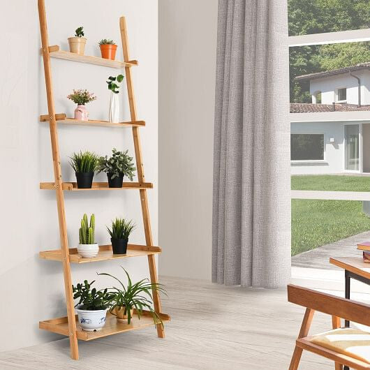 5-Tier Ladder Shelf Bamboo Bookshelf Wall-Leaning Storage Display Plant Stand-Natural-0