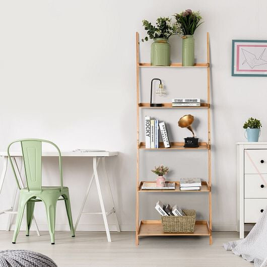 5-Tier Ladder Shelf Bamboo Bookshelf Wall-Leaning Storage Display Plant Stand-Natural-1
