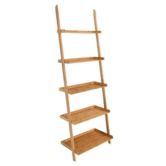 5-Tier Ladder Shelf Bamboo Bookshelf Wall-Leaning Storage Display Plant Stand-Natural-2