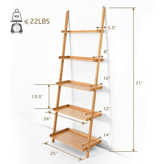 5-Tier Ladder Shelf Bamboo Bookshelf Wall-Leaning Storage Display Plant Stand-Natural-3
