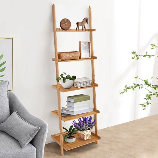 5-Tier Ladder Shelf Bamboo Bookshelf Wall-Leaning Storage Display Plant Stand-Natural-4