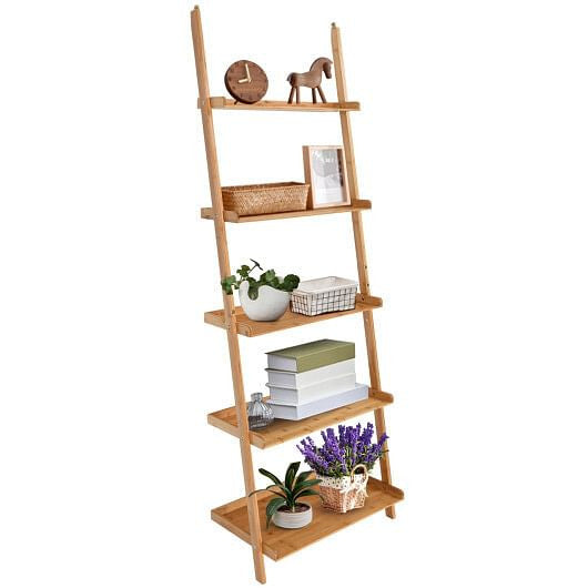 5-Tier Ladder Shelf Bamboo Bookshelf Wall-Leaning Storage Display Plant Stand-Natural-5