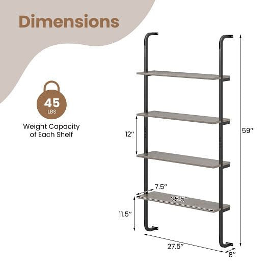 Industrial Pipe Shelving 4-Tier - Wall-Mounted Metal Frame Shelf