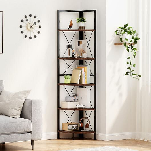 Corner Shelf 5-Tier Freestanding - 63 Inch Tall Storage Rack Oak