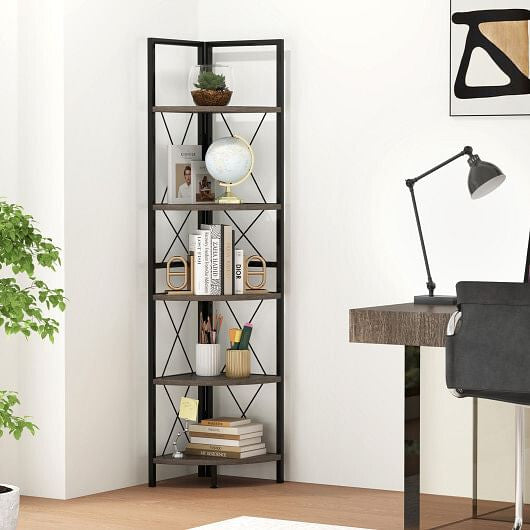 Corner Shelf 5-Tier Freestanding - 63 Inch Tall Storage Rack Oak