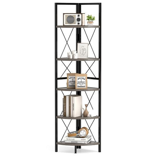 Corner Shelf 5-Tier Freestanding - 63 Inch Tall Storage Rack Oak