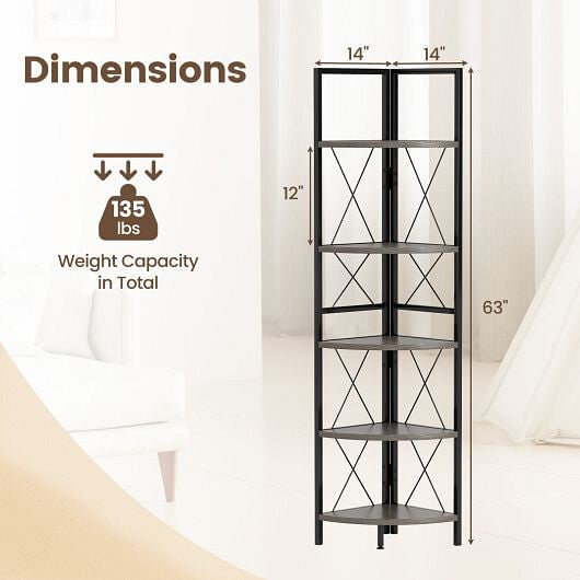 Corner Shelf 5-Tier Freestanding - 63 Inch Tall Storage Rack Oak