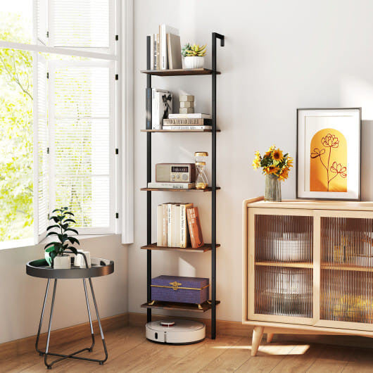 5 Tier Wall Mount Ladder Shelf with Anti-Tipping Kits for Home Office-Rustic Brown-0