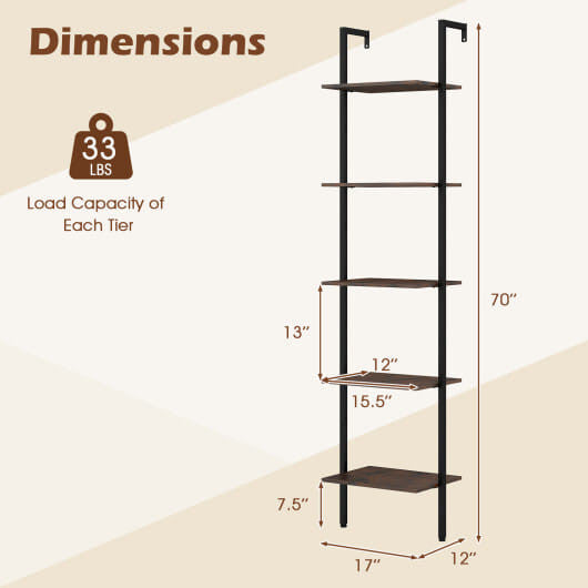 5 Tier Wall Mount Ladder Shelf with Anti-Tipping Kits for Home Office-Rustic Brown-2