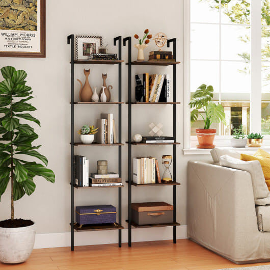 5 Tier Wall Mount Ladder Shelf with Anti-Tipping Kits for Home Office-Rustic Brown-3
