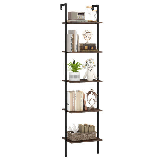 5 Tier Wall Mount Ladder Shelf with Anti-Tipping Kits for Home Office-Rustic Brown-4