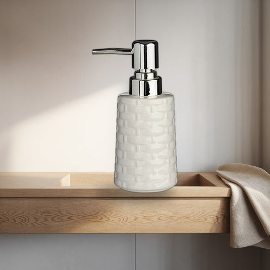 Soap Dispenser White Silver Ceramic 150ml - Set of 6 styled in a Scandinavian interior (AI lifestyle visual)