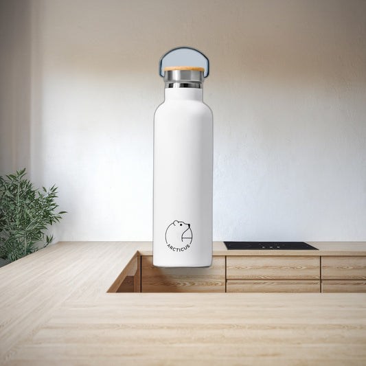 Insulated Water Bottle Stainless Steel Vacuum 500-1000ml Bamboo Lid styled in a Scandinavian interior (AI lifestyle visual)